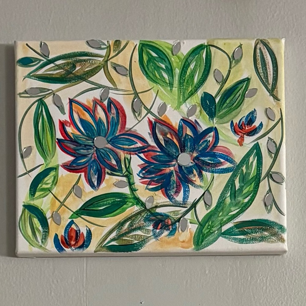 Floral Canvas Art with Green and Blue Accents